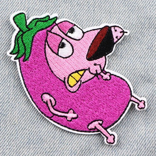 Funny embroidered eggplant patch, ideal for iron-on DIY projects on clothing and accessories.