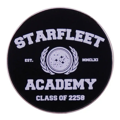 Starfleet Academy enamel pin with black background and white text for trendy fashion accessories.