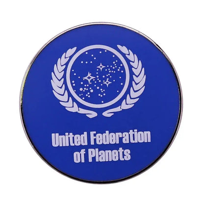 United Federation of Planets emblem on a blue background, featuring stars and laurel design, ideal for sci-fi fans.