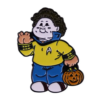 Cartoon character enamel pin in yellow shirt, holding a pumpkin, perfect for Halloween and backpack accessories.