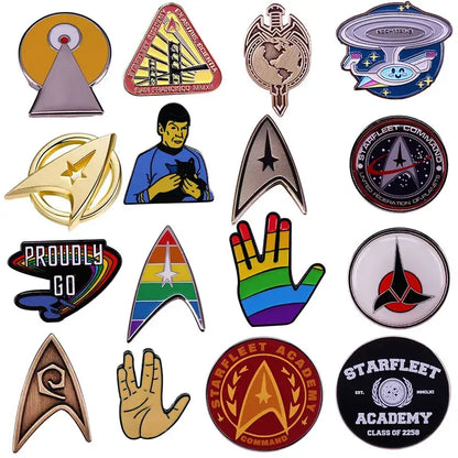 Collection of ST-Star X Trek enamel pins featuring iconic designs and colorful badges for fashion accessories.