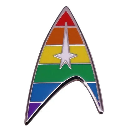 Colorful ST-Star X Trek Enamel Pin in rainbow colors for backpacks and fashion accessories.