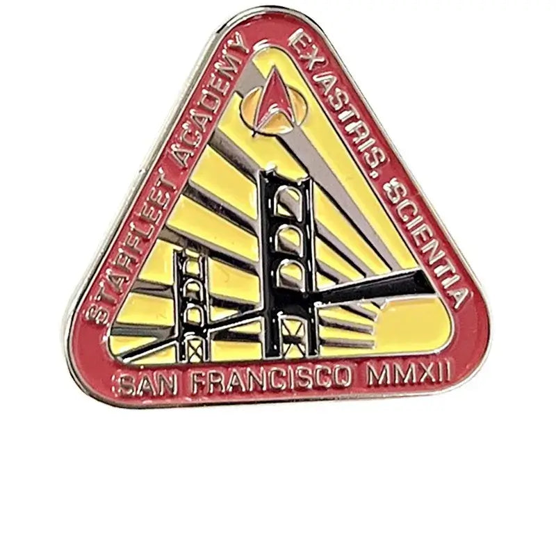 Starfleet Academy enamel pin featuring the Golden Gate Bridge and the year 2012, ideal for collectors and fans.