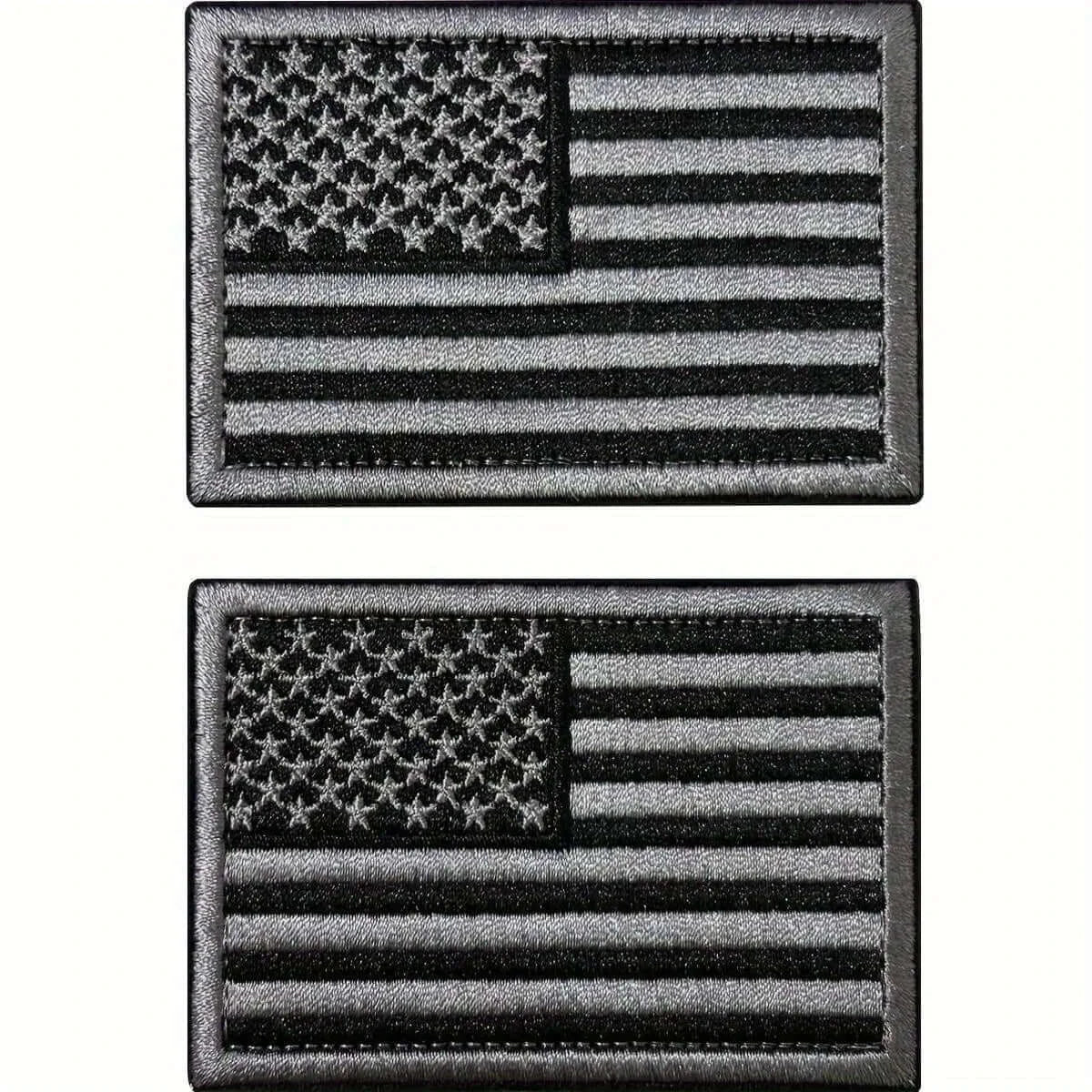 2pcs USA flag embroidered patches in black, featuring detailed stars and stripes design for hats and backpacks.