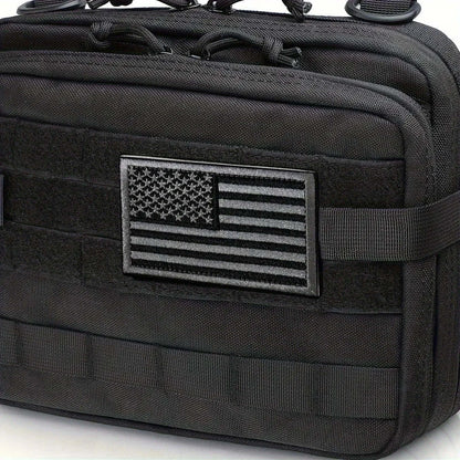 Black American flag patch on tactical bag, ideal for military and outdoor gear.