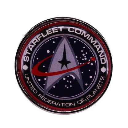 Starfleet Command enamel pin featuring the United Federation of Planets logo, perfect for collectors and fashion enthusiasts.