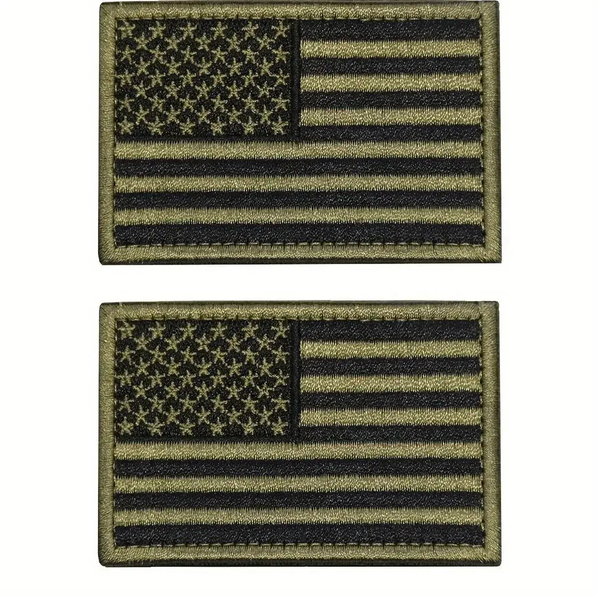 2pcs USA flag patch set in black and army green, embroidered for hats, jackets, and backpacks.