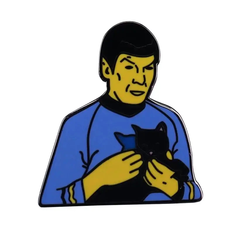 Spock enamel lapel pin featuring Spock holding a black cat in classic sci-fi style, perfect for accessories and gifts.
