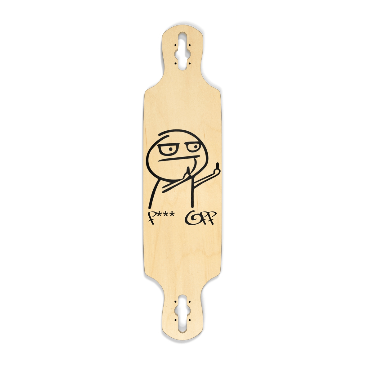 Wooden skateboard deck with a stick figure and text on a white background