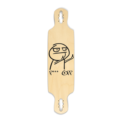 Wooden skateboard deck with a stick figure and text on a white background