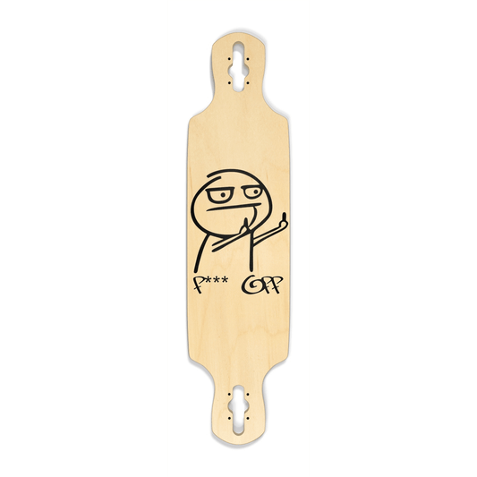 Wooden skateboard deck with a stick figure and text on a white background