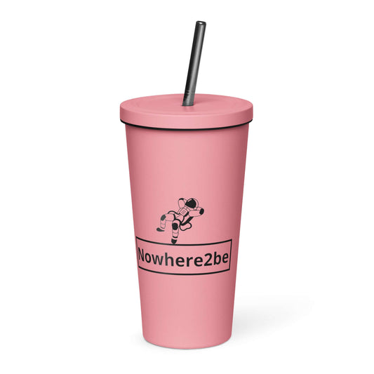 Nowhere2be Insulated Tumbler with a Straw in pink, featuring a stylish astronaut design and black lid.