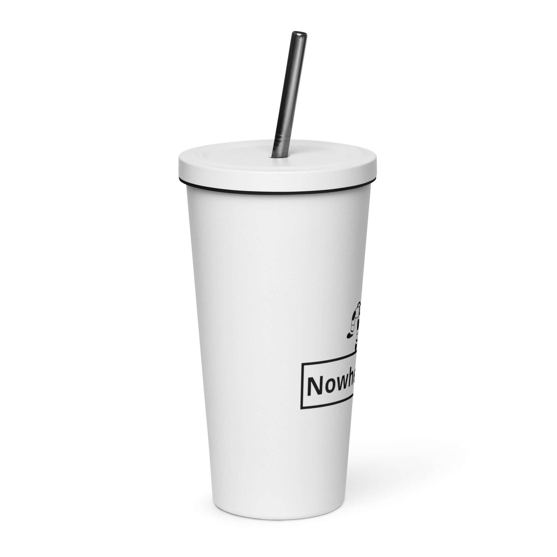 Nowhere2be Insulated Tumbler with a Straw in white, featuring lid and straw, perfect for stylish hydration.