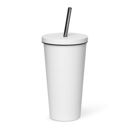 Nowhere2be Insulated Tumbler with a Straw, white, stainless steel, sleek design, 20 oz capacity.