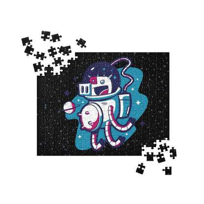 Cow astronaut jigsaw puzzle pieces scattered around a colorful completed puzzle design featuring a cow in a space suit.