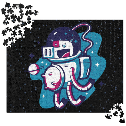 Cow astronaut jigsaw puzzle pieces scattered around the completed puzzle with an astronaut cow in space.