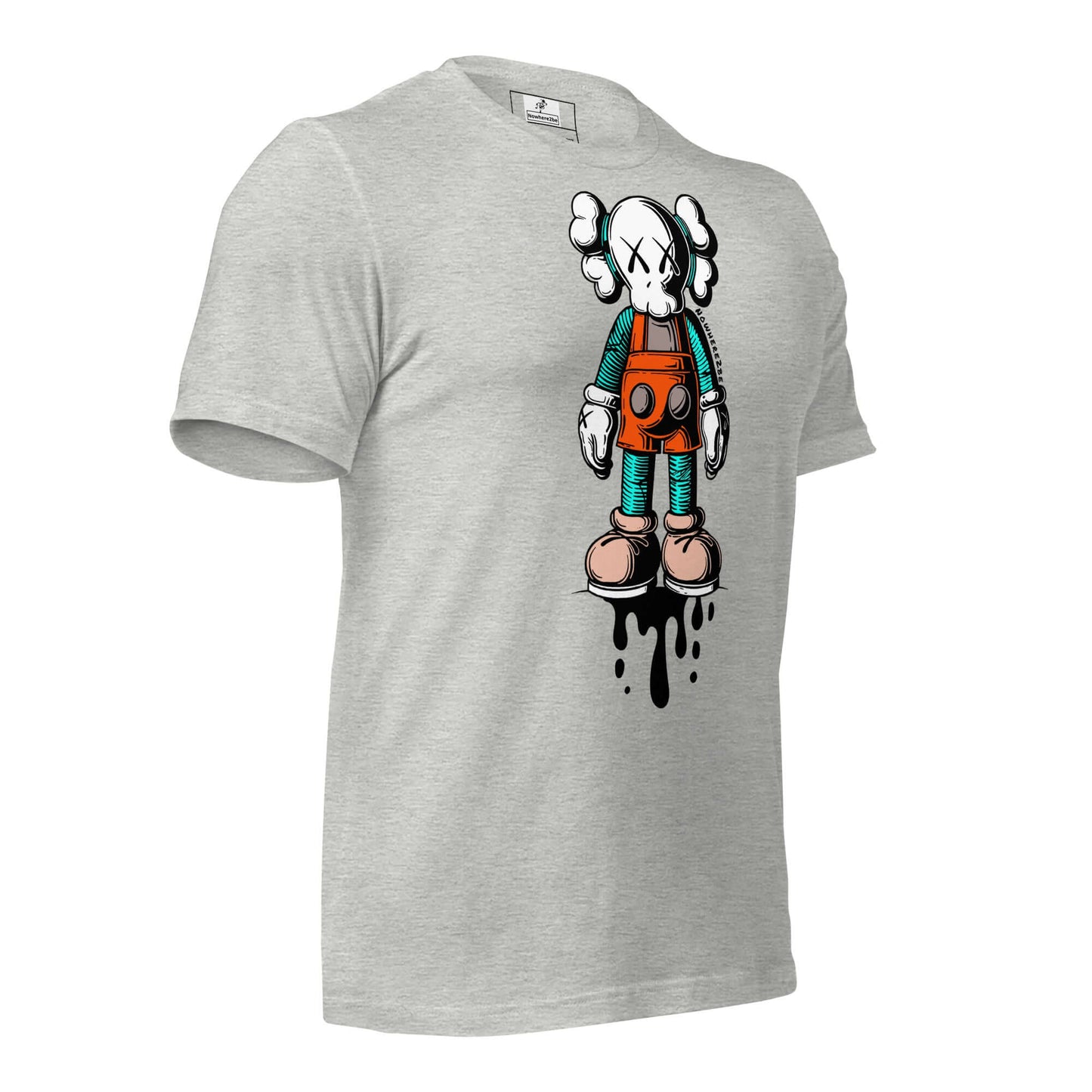 Nowhere2be Drippy Clown Unisex t-shirt featuring a colorful cartoon character design on a gray background.