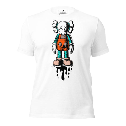 Nowhere2be Drippy Clown Unisex t-shirt featuring a colorful cartoon character design on a white shirt.